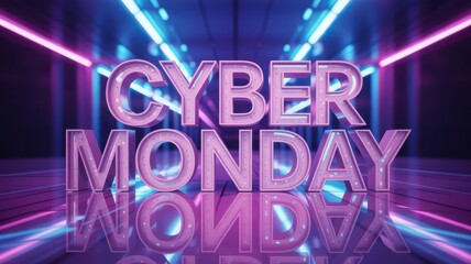 Obraz premium Cyber monday sale promotion with neon lights and reflective background