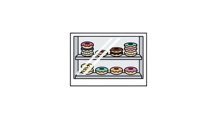 Display Case with Colorful Donuts on Shelves.