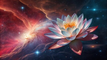 A serene lotus flower blooms against a backdrop of cosmic nebula and stars