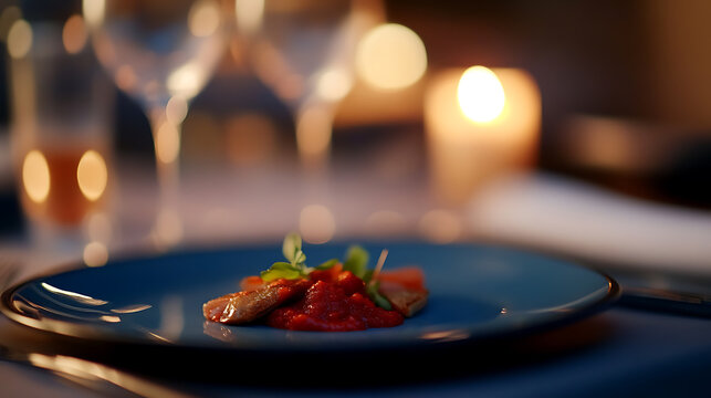Elegant dining experience featuring gourmet dish on blue plate, illuminated by candlelight, with glasses in soft focus, inviting a refined culinary indulgence.