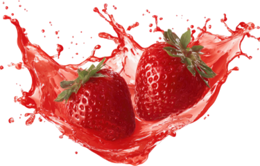 Freshly-picked strawberries in a vibrant juice splash