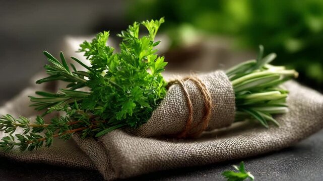 Fresh herbs being bunched for culinary use, rosemary, parsley, and thyme ready for cooking create authentic dishes with garden flavor