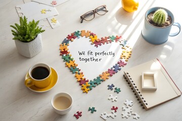 Heart shaped puzzle made of pieces on a bright tabletop