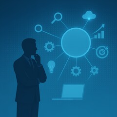 A businessman touching holographic strategy icons and digital graphs in a cinematic composition.
