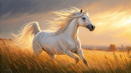 Obraz premium Elegant white horse galloping through a golden field at sunset, majestic creature