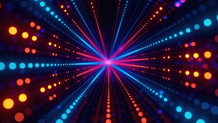 Abstract Neon Light Tunnel with Glowing Particles.