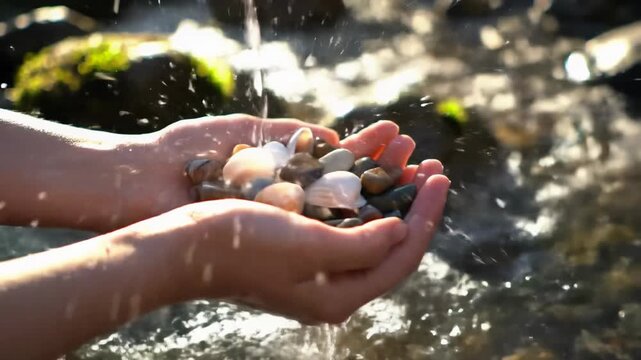 Macro video of young, fair-skinned hands holding iridescent seashells and multi-colored pebbles, clear water cascading in a tranquil riverbed. Serene natural beauty, meditative concept