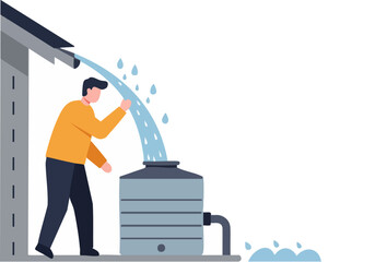 A man collects rainwater from gutters into a tank. Illustrative graphic showcasing gutter maintenance. Clean, modern style.
