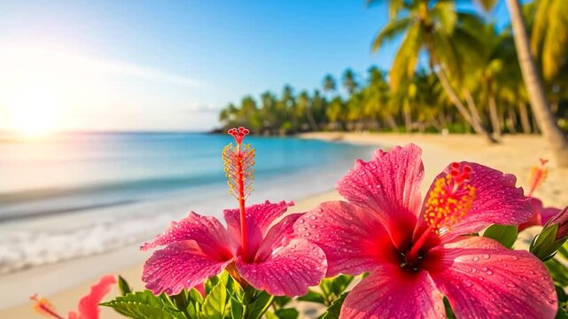 Vibrant pink hibiscus blooms against a tropical beach and ocean backdrop