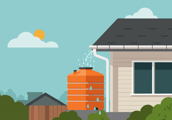 A modern illustration depicts a large orange water tank connected to a house's gutter system. Raindrops fall, showcasing water conservation. Bright, clean style.