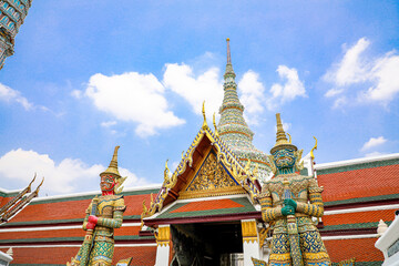 Fototapeta premium Wat Phra Kaew or Wat Phra Sri Rattana Satsadaram is temple used for various royal ceremonies during reign of King Rama I. It is temple within the Grand Palace. Inside temple is the Emerald Buddha.