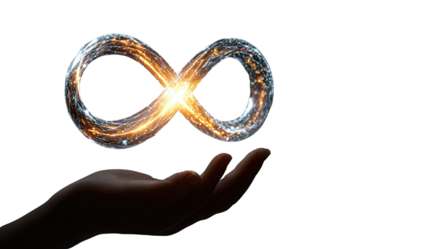 Hands holding transparent glass infinity symbol showing endless connection balance and modern abstract concept of continuity isolated on white background
