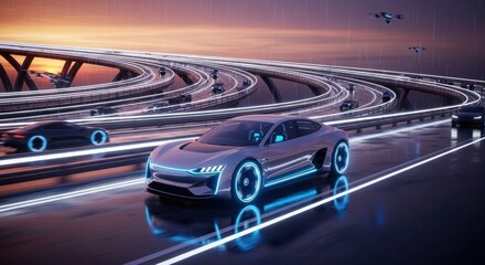 Obraz premium Futuristic electric cars driving on a multi-level highway at sunset with light trails.