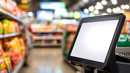 Digital POS system stands ready in a grocery store, offering a modern checkout experience. The clear screen hints at ease of use in a bustling retail setting. #RetailTech