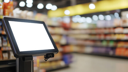 Checkout screen in a supermarket. Blank monitor display for showcasing ads or self-service options, set against a backdrop of aisles stocked with merchandise. Easy transactions.