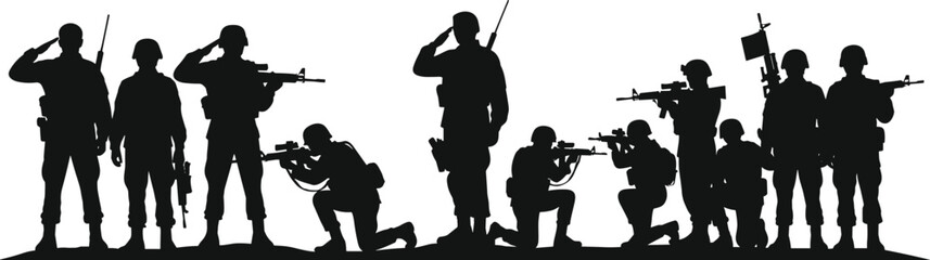 Military silhouettes, soldier poses, armed forces illustration, black and white contrast, patriotic theme, rifle stance, saluting troops, flag bearer