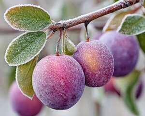 Two plums covered in frost hang from a branch surrounded by green leaves, showcasing a beautiful winter morning