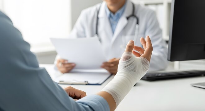 Patient with Bandaged Hand Consulting Doctor About Injury, Holding Medical Documents During Visit - Powered by Adobe