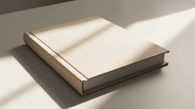 Soft morning sunlight with moving window shadows casting over a closed book with a blank cover lying on a white table in a quiet room