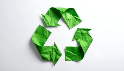 Green paper recycling symbol with crumpled texture on a clean white background, representing sustainability