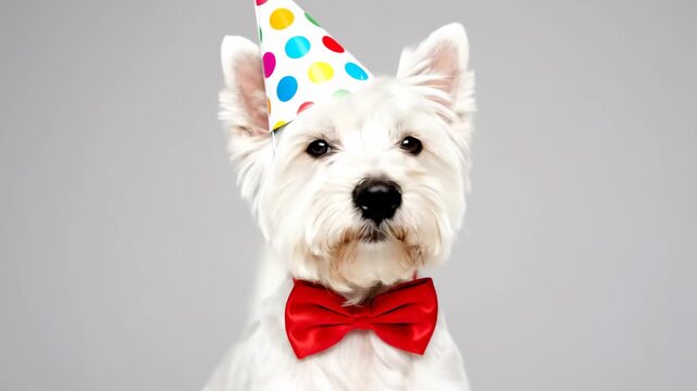 Party Dog Portrait - A white Westie dog wears a festive party hat and red bowtie against a grey background. The dog is facing the camera with a curious and playful expression.