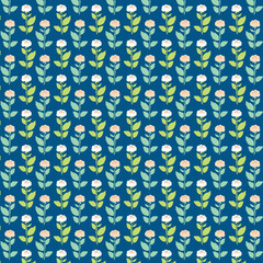 Abstract Geometric Floral Seamless Pattern on Blue Background. Modern Digital Print