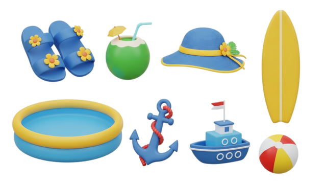 Summer vacation elements featuring sandals surfboard coconut drink and beach accessories