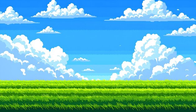 Vibrant pixel art landscape featuring lush green grass under a bright blue sky with fluffy clouds