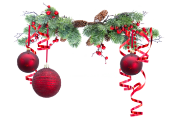 decorative balls on fir tree, Christmas garland isolated on transparent background