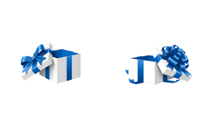 Two open gift boxes with blue ribbons on black background