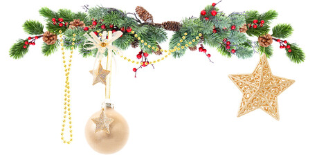 decorative balls on fir tree, Christmas garland isolated on transparent background