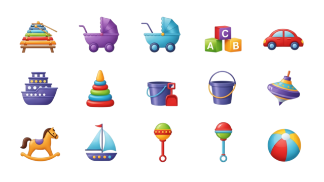 Variety of colorful cartoon toys on a solid black background cheerful theme