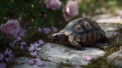 Fototapeta premium A tortoise slowly walks along a garden path surrounded by blooming pink roses and delicate purple flowers