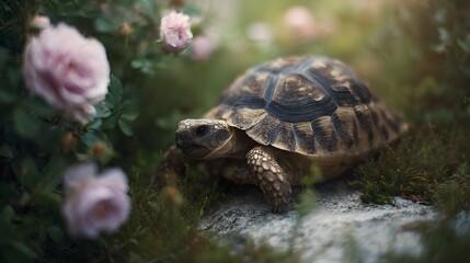 A tortoise walks through a lush garden with delicate pink flowers and mossy ground bathed in soft natural light