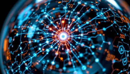 Obraz premium Glowing blue and orange digital network visualization virtual environment 3d render abstract concept