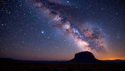 Naklejka premium Bright milky way arching over majestic mesa desert landscape night sky photography tranquil setting awe-inspiring view