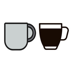 Two stylized coffee cups one empty and one filled with dark coffee