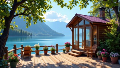 Peaceful lakeside cabin deck serene waterfront scenic landscape natural setting relaxing retreat
