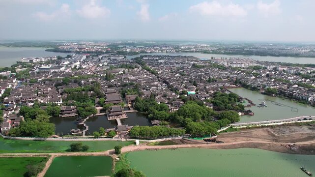 Aerial photography of rural scenery in Zhouzhuang Ancient Town, China