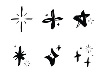 Whimsical sparkle stars doodle set. Shiny and glitter line elements in hand drawn crayon sketch style. Scribble outline vector illustration isolated on white background