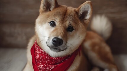Charming Shiba Inu dog wearing a red bandana close up portrait with soft warm cinematic lighting