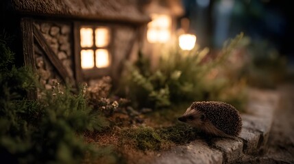 Obraz premium A charming miniature hedgehog explores a rustic toy cottage village at night illuminated by warm glowing lamps and window light