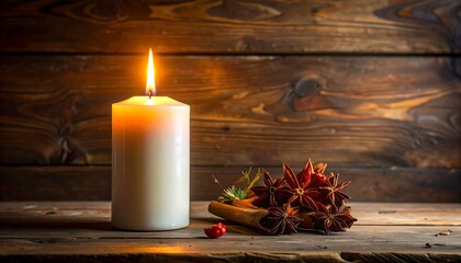 Bright, warm candle with aromatic spices on weathered wood