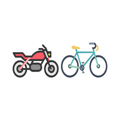 Flat design illustration of a red motorcycle and a blue bicycle