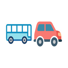 Simple cartoon illustration of a blue bus and a red car side by side