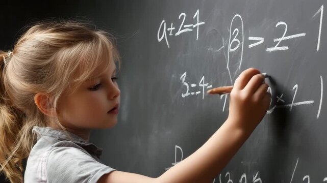 Young scholar actively solving math problems on chalkboard, demonstrating education and learning in a captivating classroom scene for engaging educational content