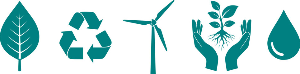 Fototapeta premium Eco-Conscious & Sustainability Silhouette Set - Environment, Nature, Recycle Black Vector Icons for Green Energy & Conservation