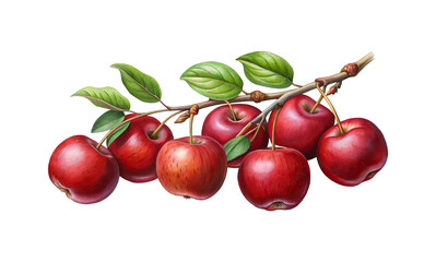 Obraz premium Detailed illustration of six red apples hanging from a branch with leaves