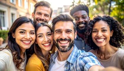 Fototapeta premium Group of friends smiling together in a sunny park, enjoying a joyful moment with vibrant greenery around