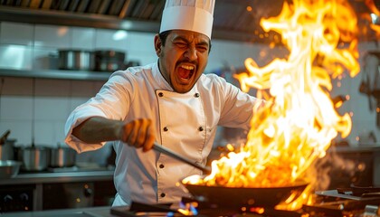 Chef passionately cooking with flames in a bustling kitchen, showcasing culinary skills and excitement